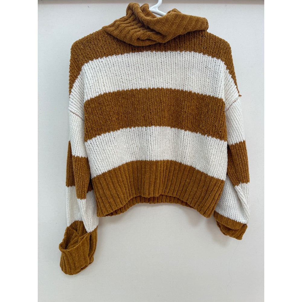 Mustard Yellow and White Striped Chenille Turtleneck Sweater Relaxed Fit